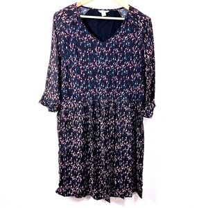 Garnet Hill  Micro Floral Print Dress V-Neck Long Sleeve‎ Casual Midi Dress  12